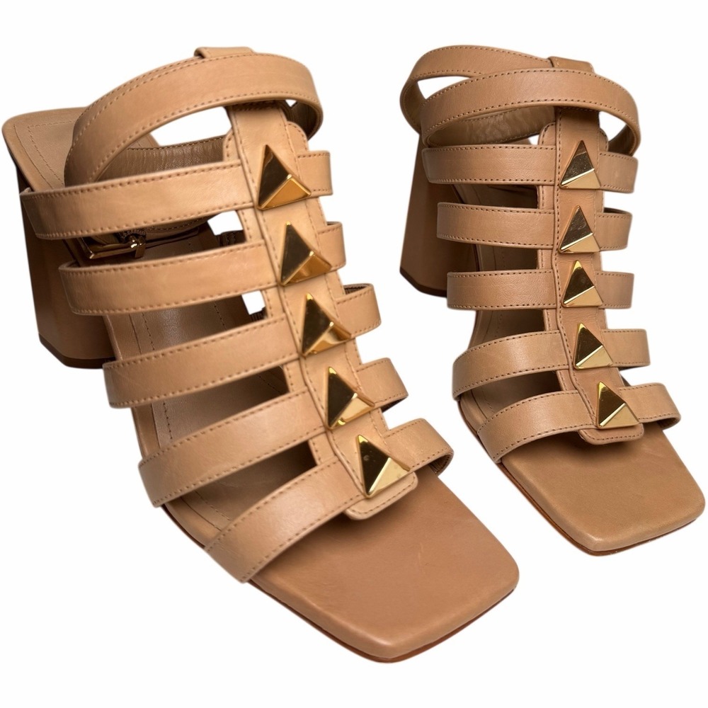 Schutz Kyrie Studded Cage Sandals Tan Leather Block Heel Ankle Strap 8 Gladiator - Picture 3 of 14